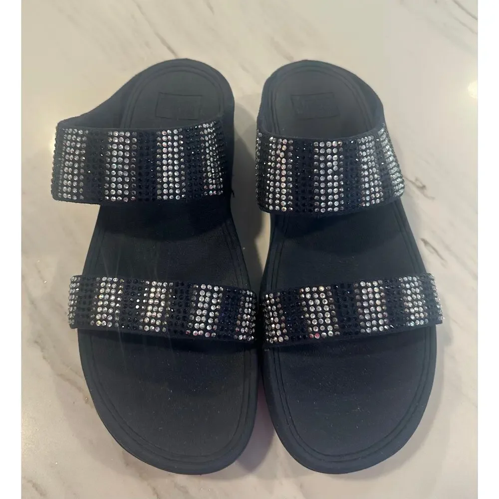 FitFlop Women’s Size 10 Navy Blue Rhinestone Crystal Two Strap Slide Sandals